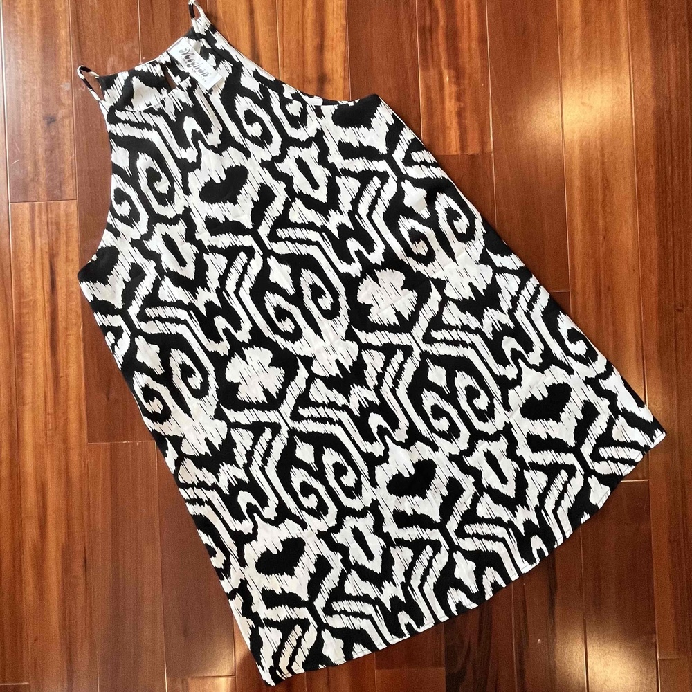 Meghan Los Angeles Black‎ Dress Printed Geo Retro Sleeveless Halter Neck Size S
